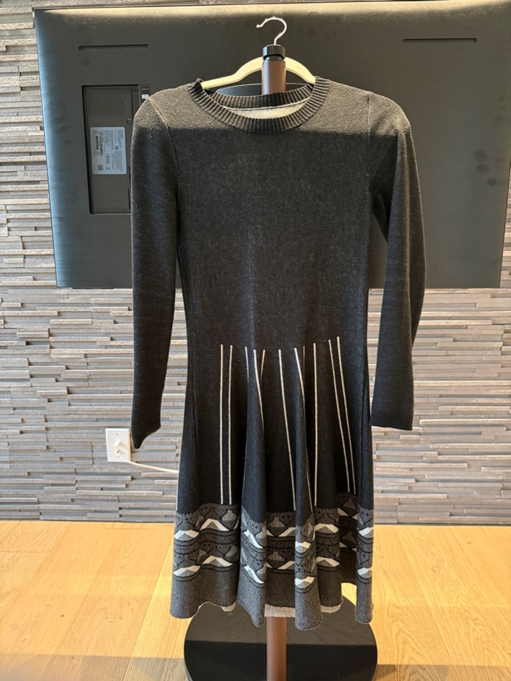 Black Knit Long-Sleeve Fit-and-Flare Sweater Dress with Gray Pattern